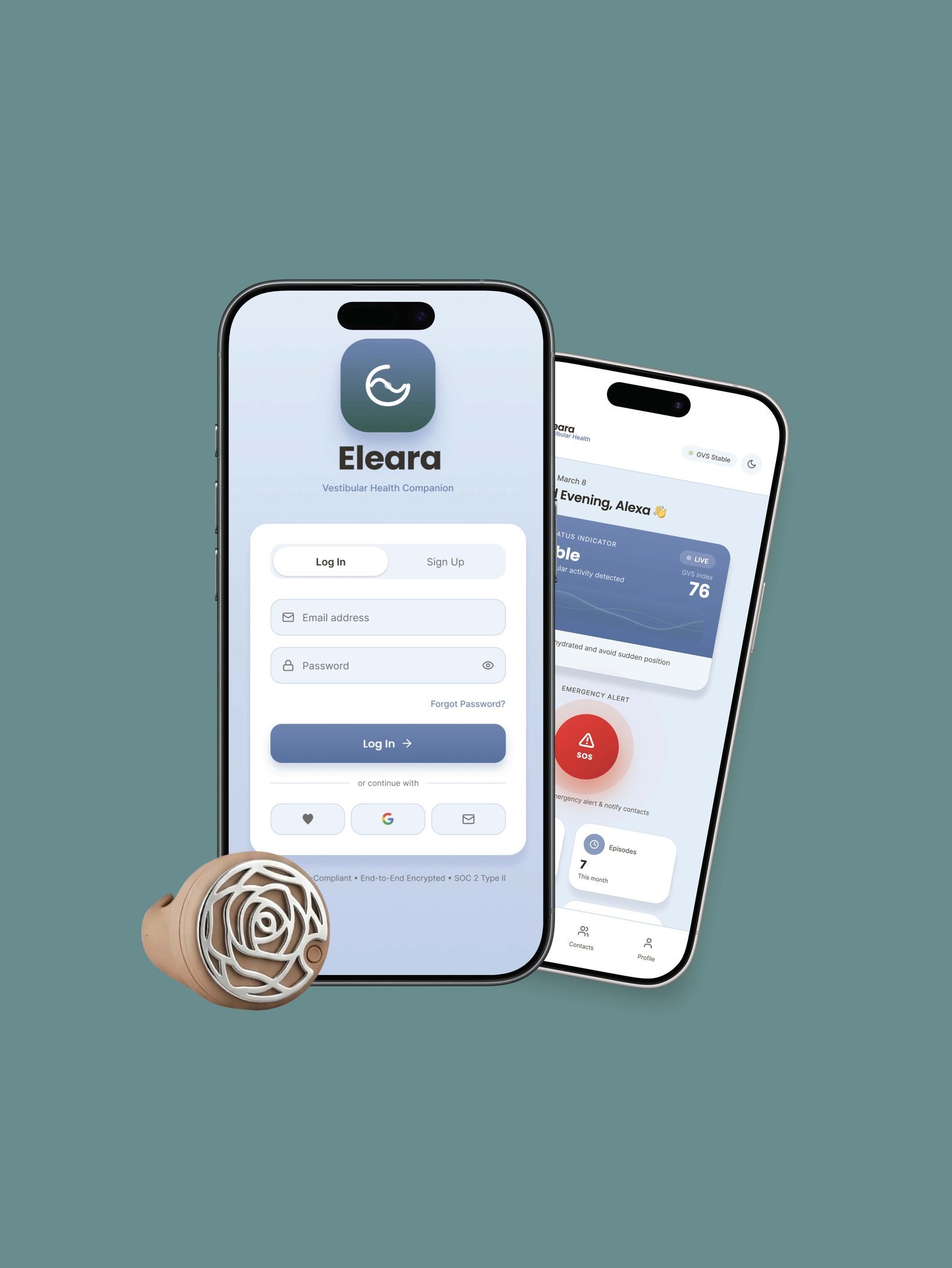 Eleara vestibular companion app on two phones beside the ear wearable