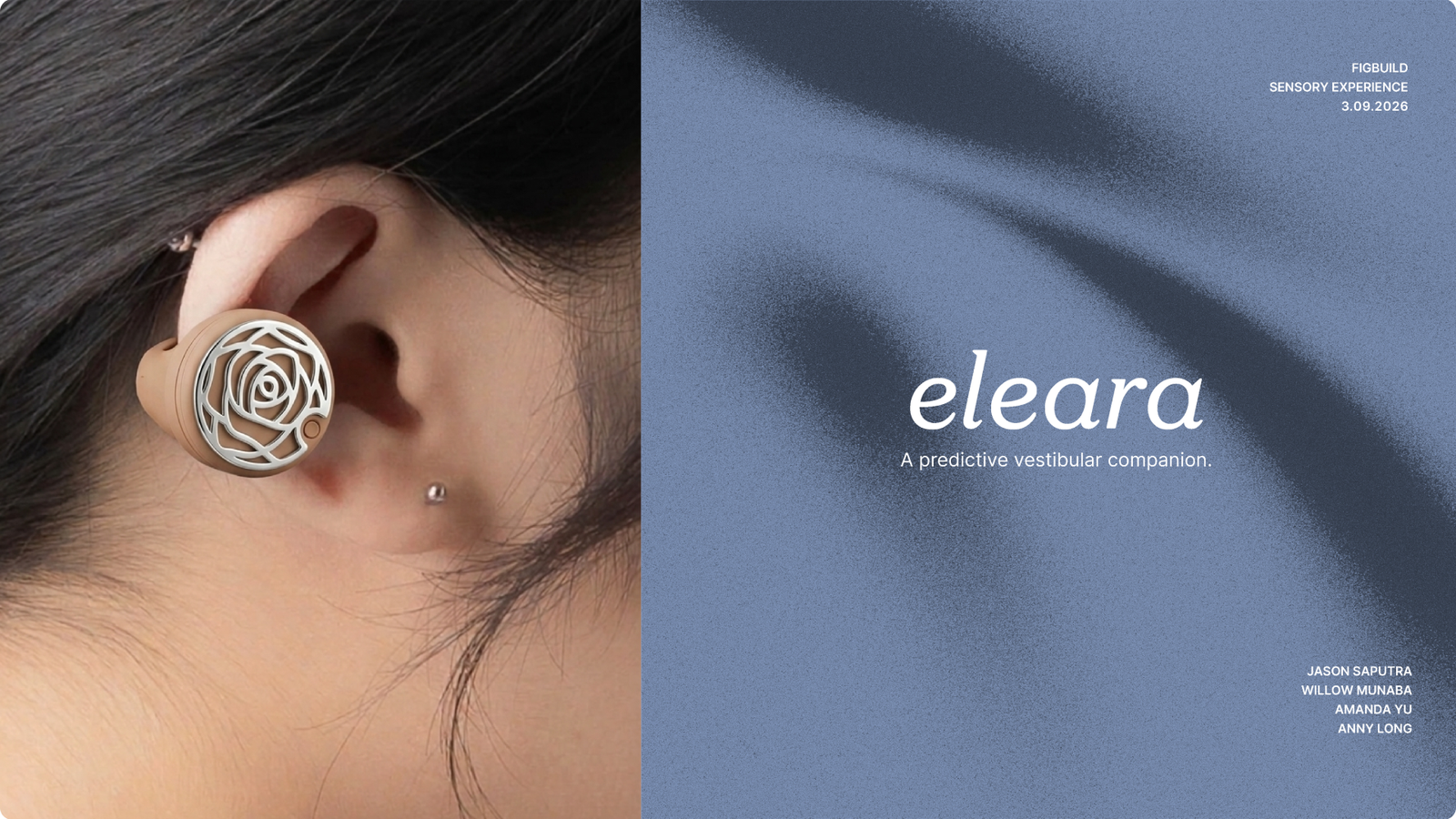 Eleara title frame: behind-the-ear wearable and the line A predictive vestibular companion