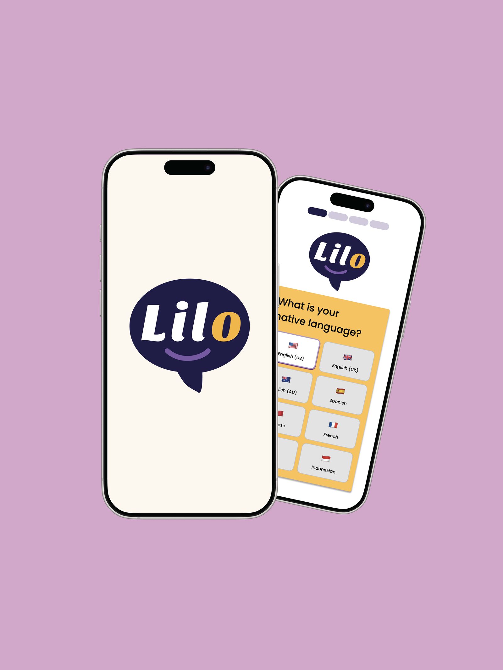 Lilo app on two phones: splash screen and native-language picker