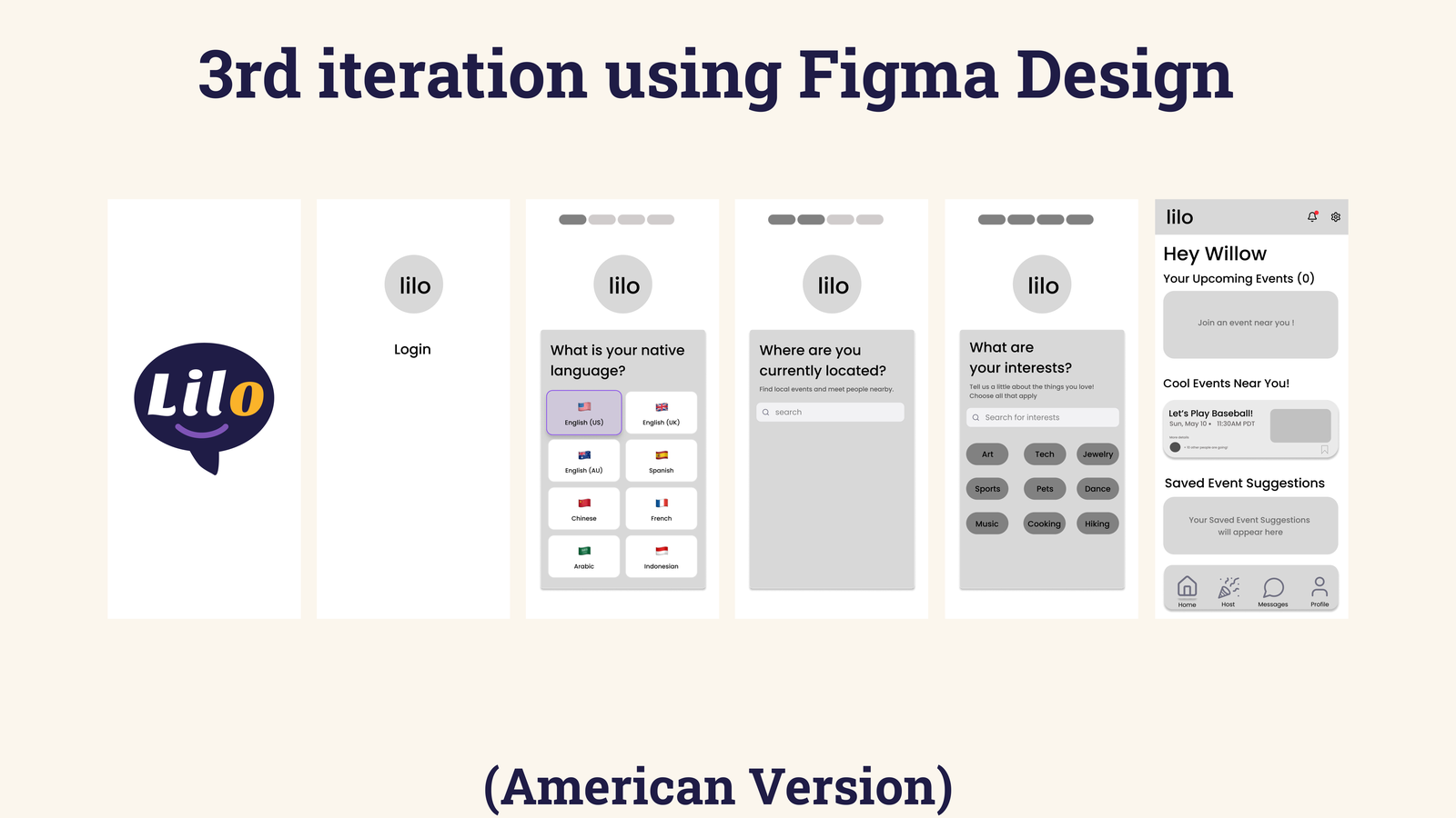 Third Figma iteration — American version, onboarding and home