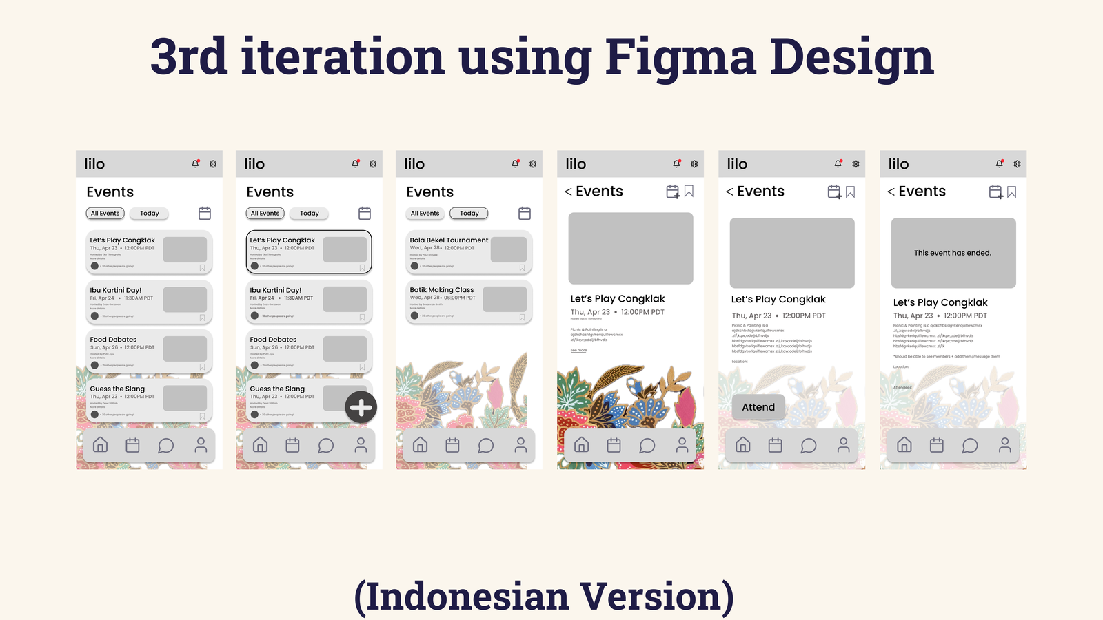 Third Figma iteration — Indonesian events screens with Batik florals