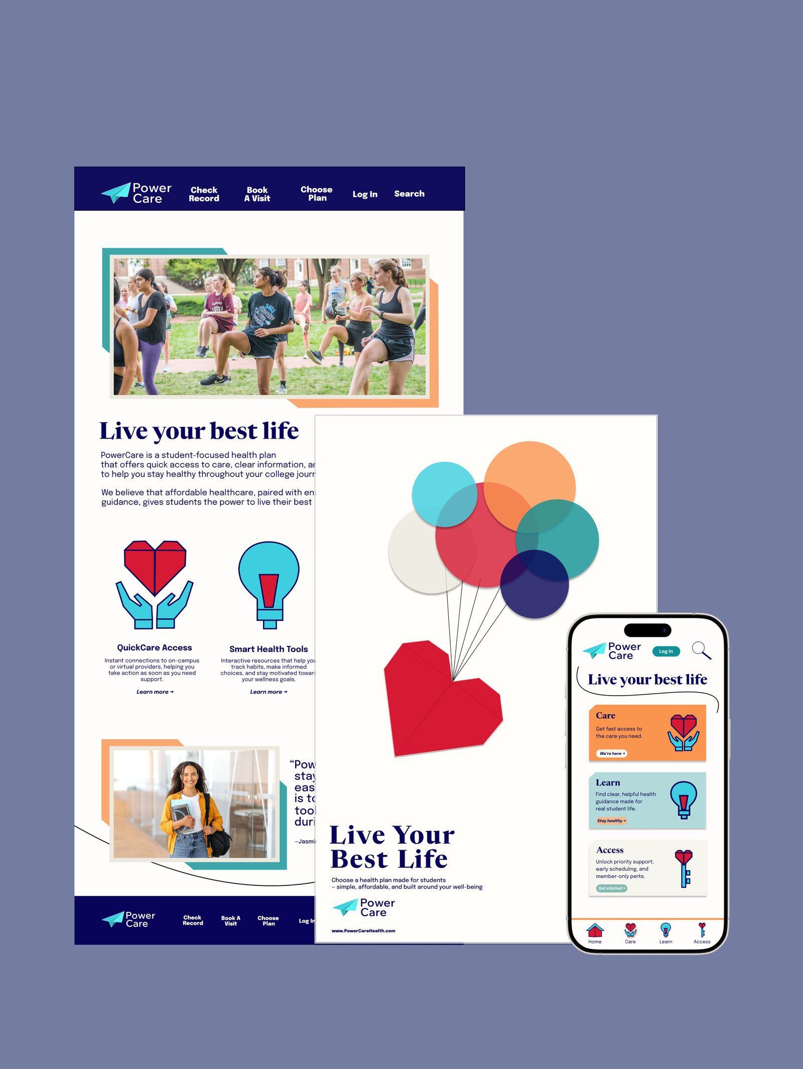PowerCare brand system across poster, print, and a student healthcare phone app