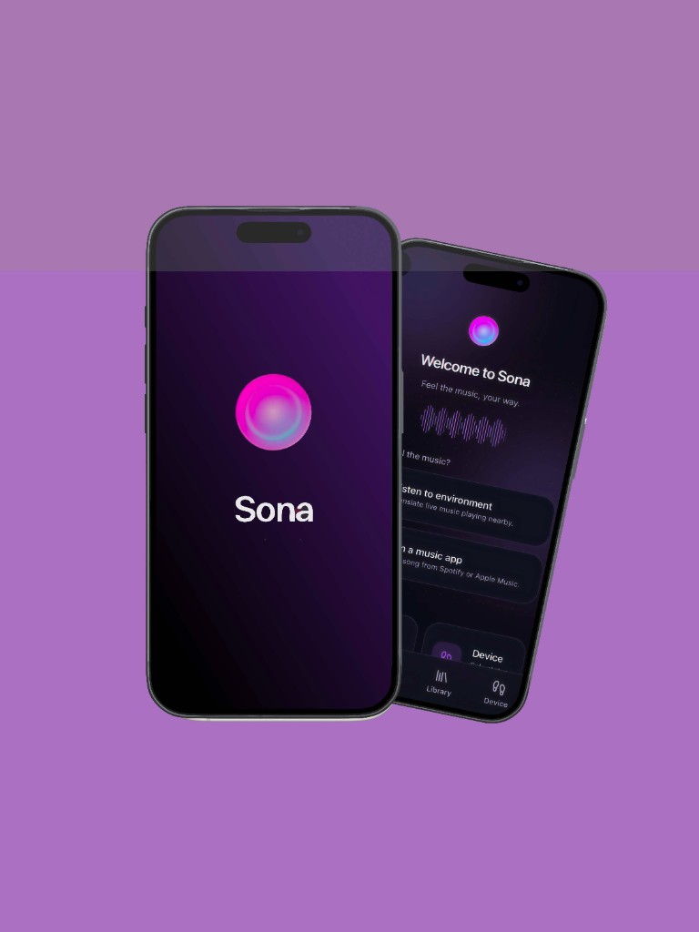 Sona music accessibility app on two phones with a glowing orb interface