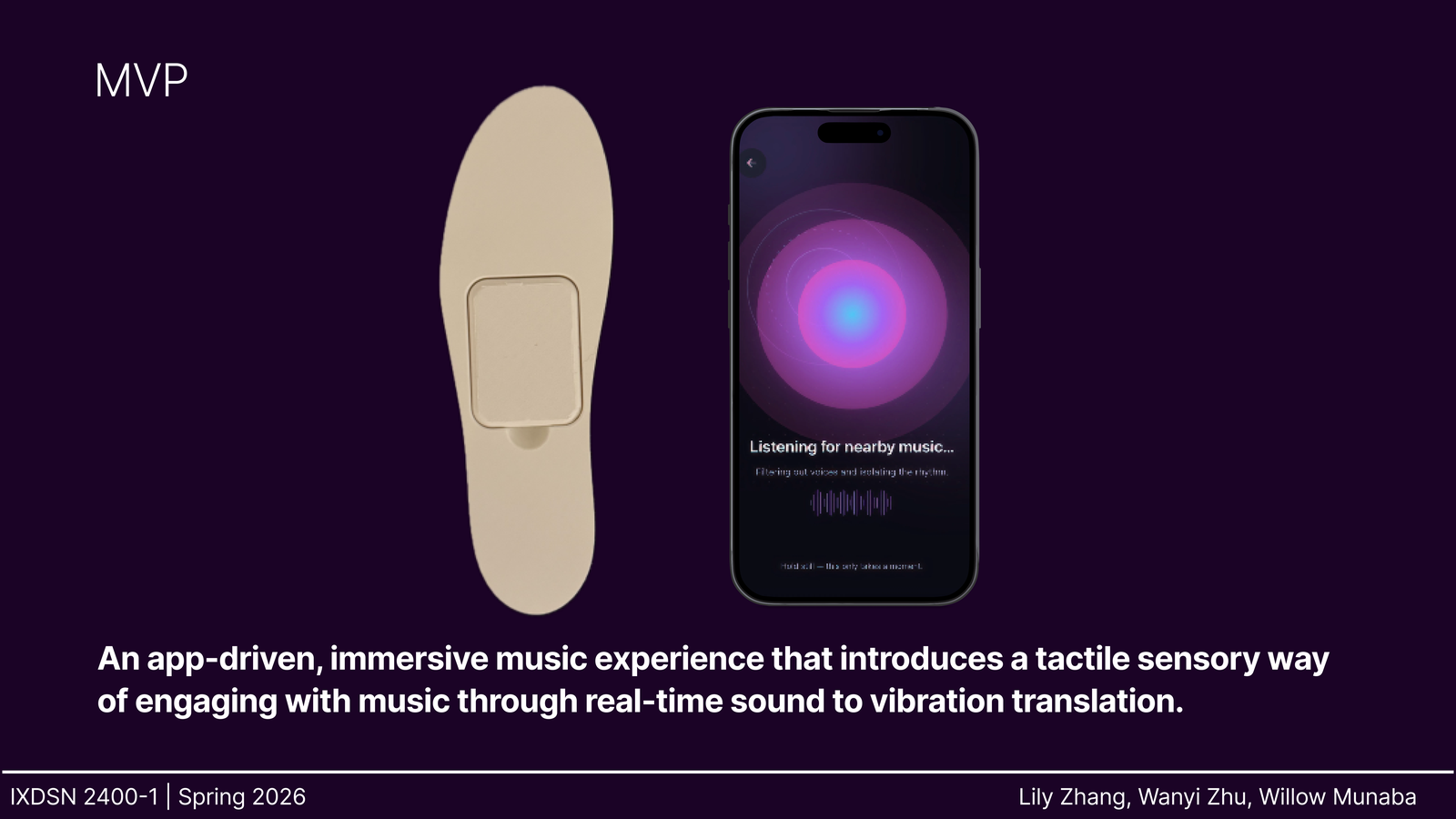 Sona MVP — 3D-printed sole concept beside the listening screen