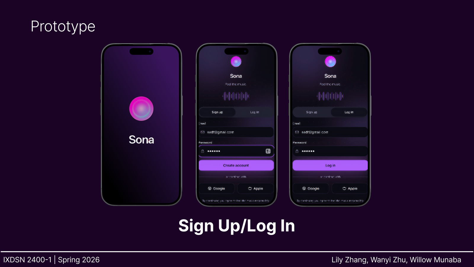 Sona prototype — splash and sign up / log in